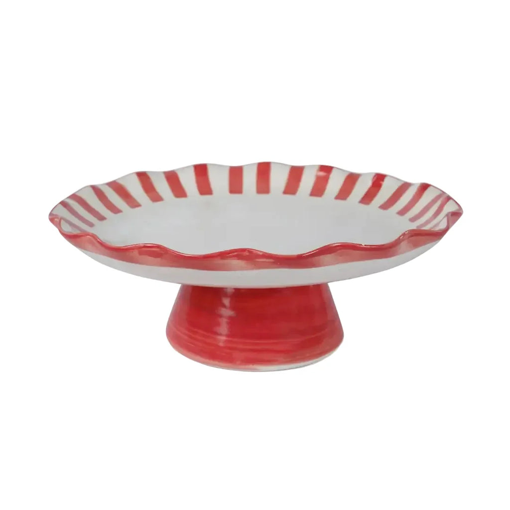 Red Stripe Stoneware Cake Stand  Handpainted in India