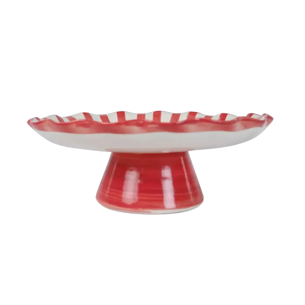 Red Stripe Stoneware Cake Stand  Handpainted in India