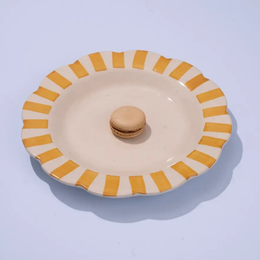 Yellow Stripe Dinner Plate 10"  Handpainted Ceramic, Set of 2