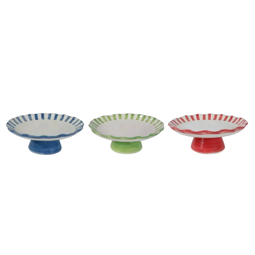 Red Stripe Stoneware Cake Stand  Handpainted in India