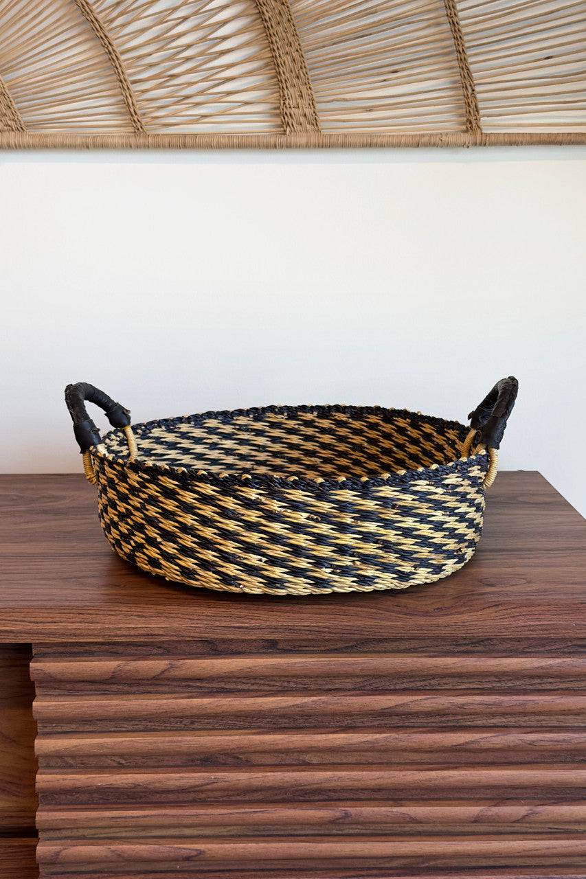 Natural & Black Checkered Handled Tray Woven in Ghana