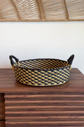 Natural & Black Checkered Handled Tray Woven in Ghana