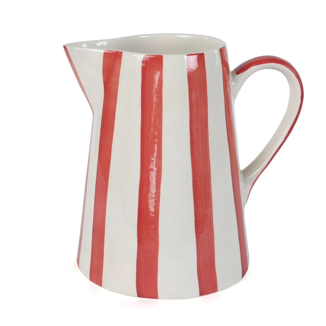 Red Stripe Stoneware Pitcher  Handpainted in India
