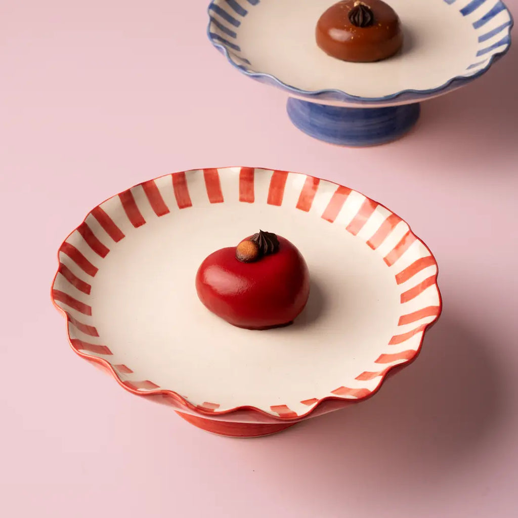 Red Stripe Stoneware Cake Stand  Handpainted in India