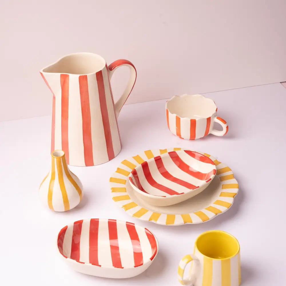 Red Stripe Stoneware Pitcher  Handpainted in India