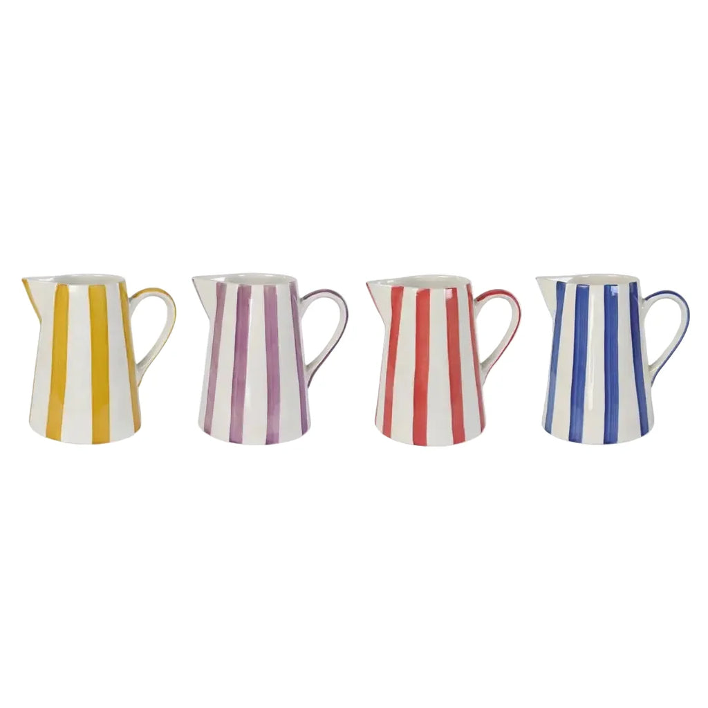 Red Stripe Stoneware Pitcher  Handpainted in India