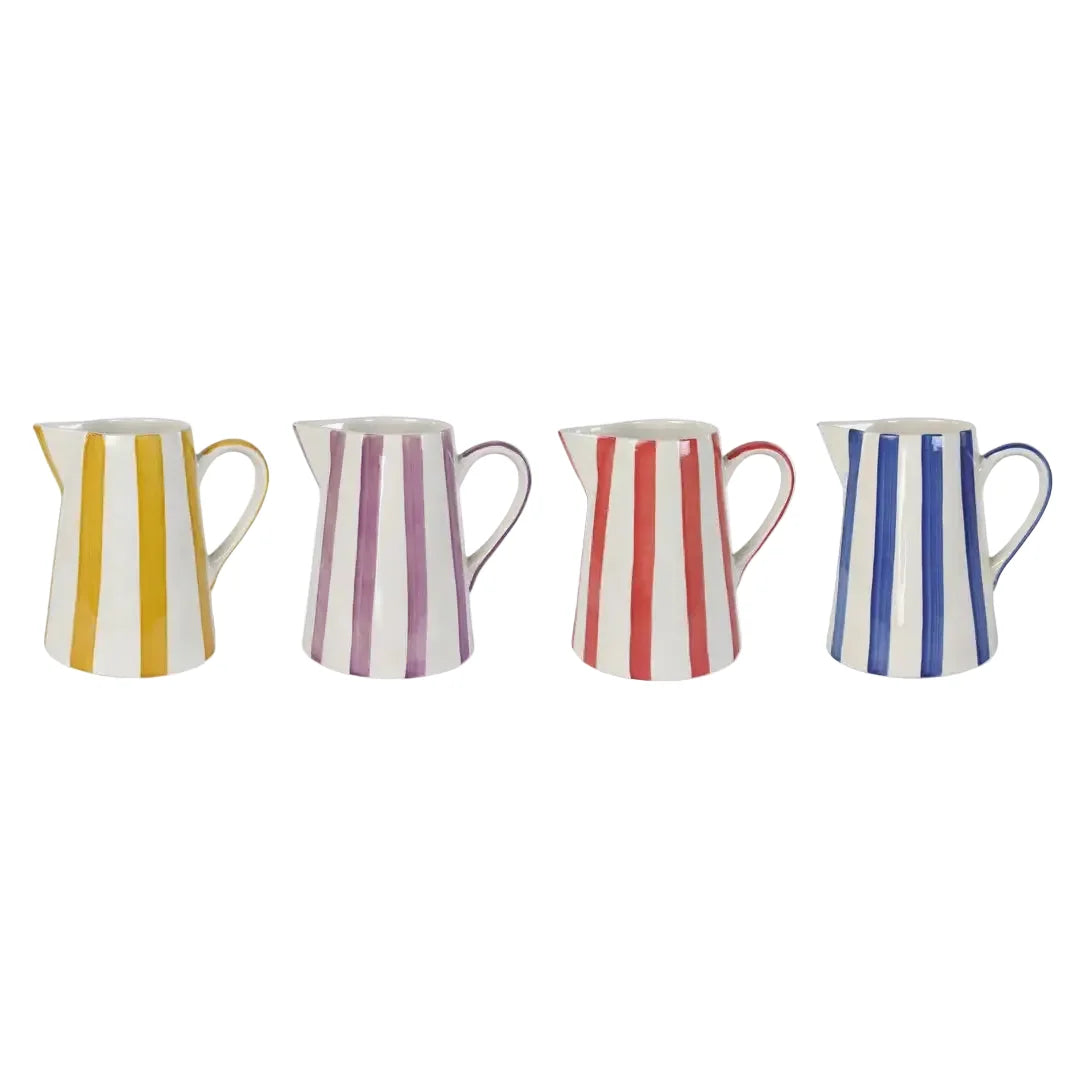 Red Stripe Stoneware Pitcher  Handpainted in India