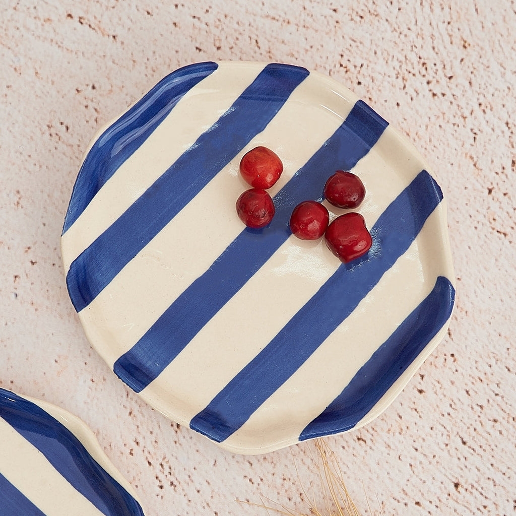Blue Stripe Ceramic Plate  Handpainted in India, Set of 2