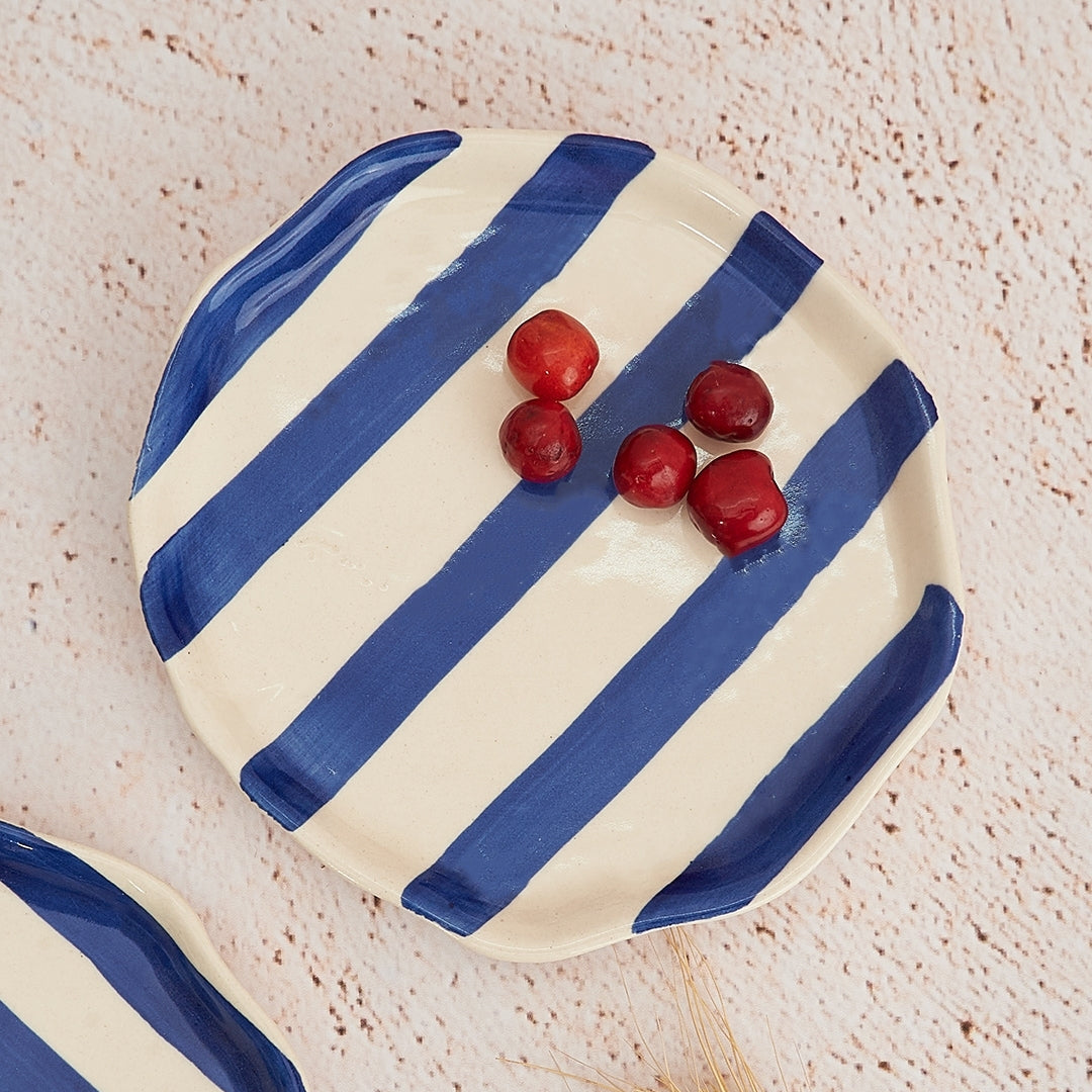 Blue Stripe Ceramic Plate  Handpainted in India, Set of 2