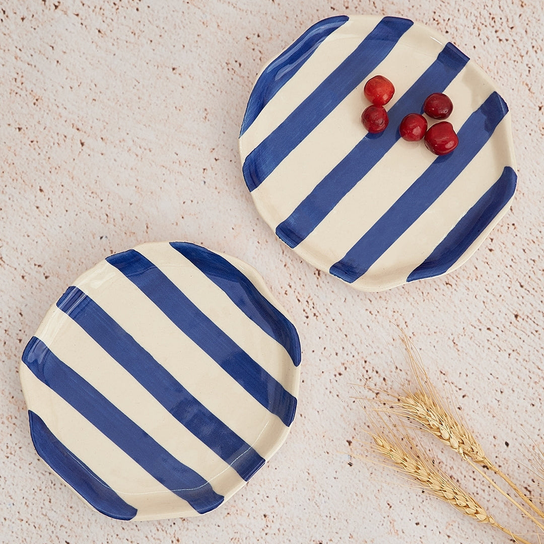 Blue Stripe Ceramic Plate  Handpainted in India, Set of 2
