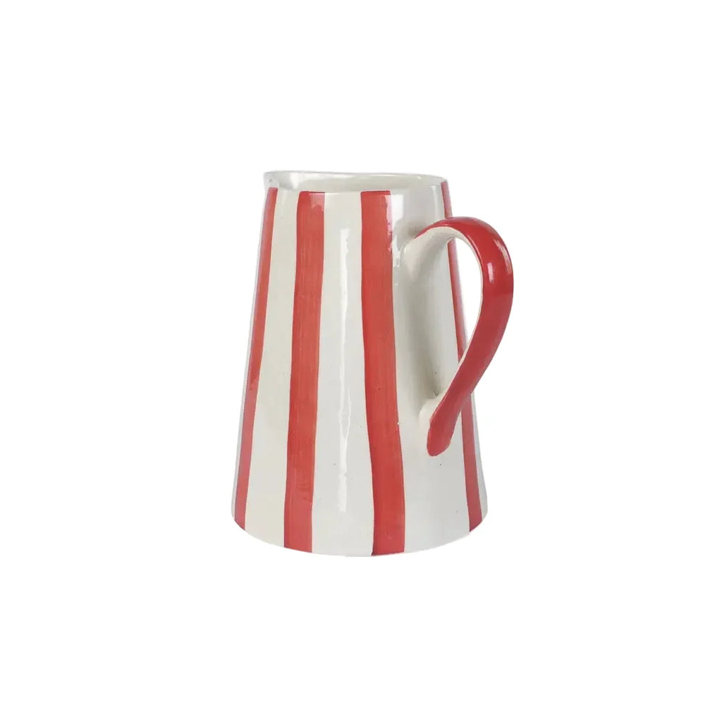 Red Stripe Stoneware Pitcher  Handpainted in India