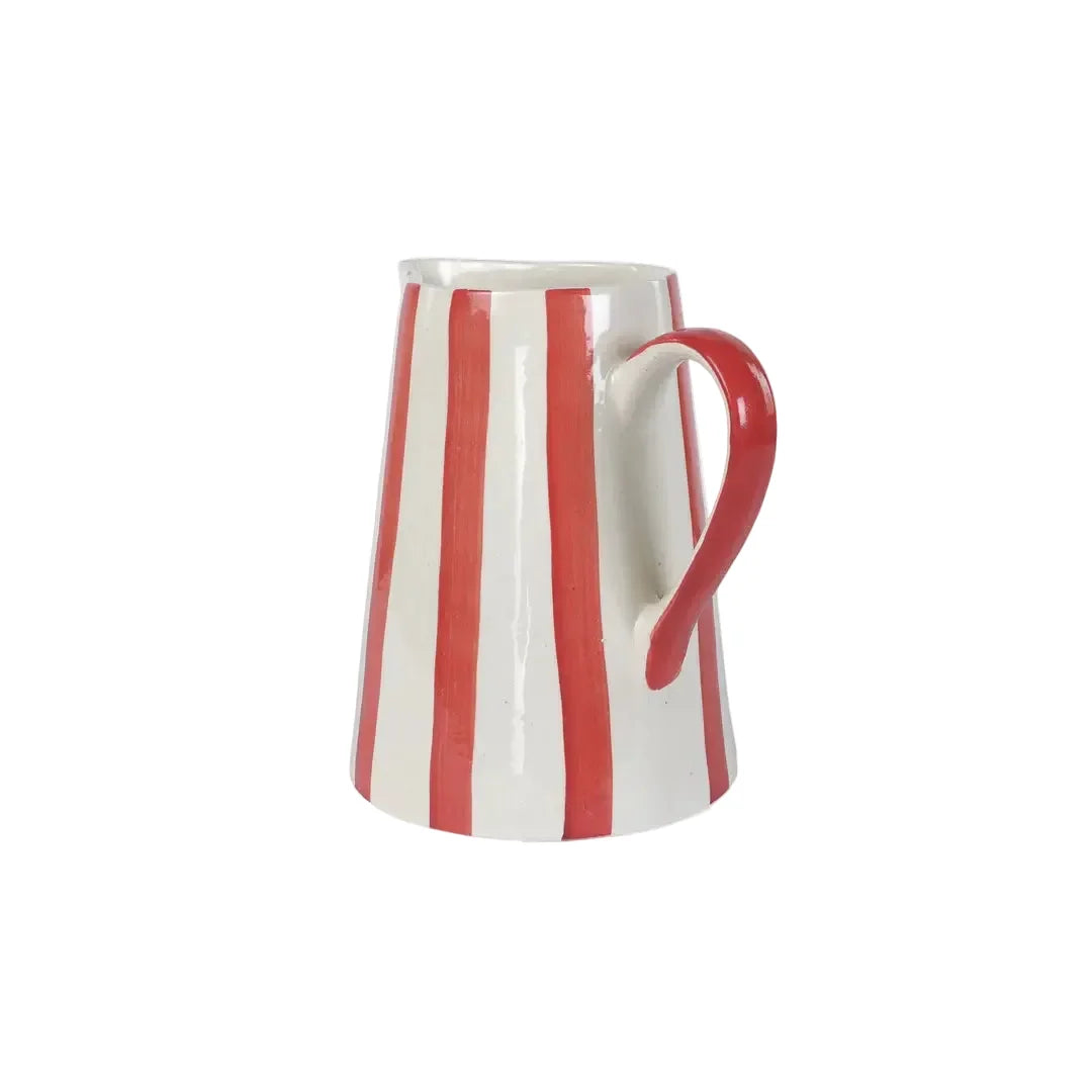 Red Stripe Stoneware Pitcher  Handpainted in India