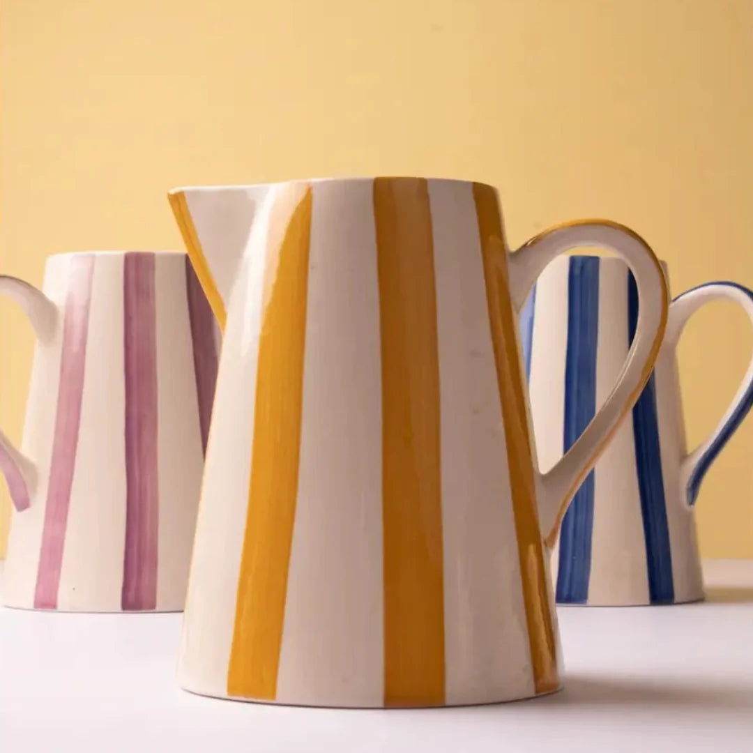 Yellow Stripe Stoneware Pitcher  Handpainted in India