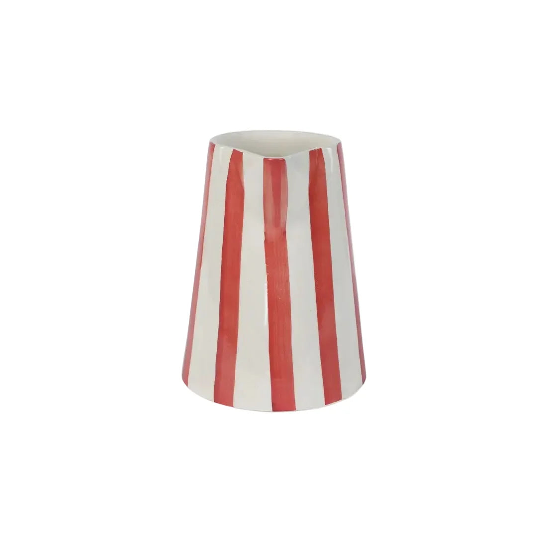 Red Stripe Stoneware Pitcher  Handpainted in India