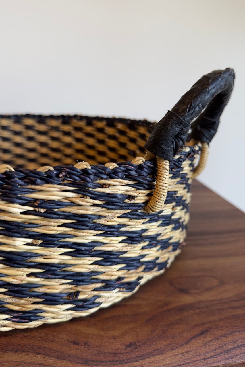 Natural & Black Checkered Handled Tray Woven in Ghana
