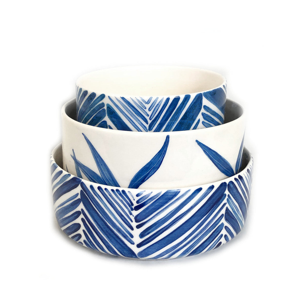Blue Palm Leaves Wide Serving Bowl Handpainted Ceramic, South Africa