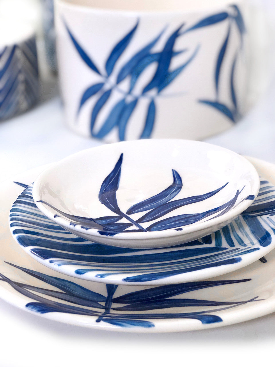 Blue Floating Leaves Dessert Plate Handpainted Ceramic, South Africa