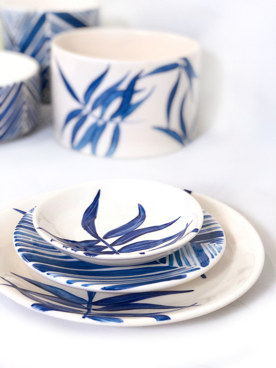 Blue Floating Leaves Cylinder Bowl Handpainted Ceramic, South Africa