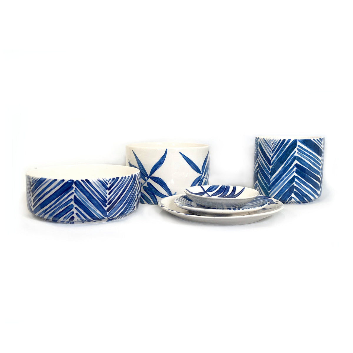 Blue Floating Leaves Cylinder Bowl Handpainted Ceramic, South Africa