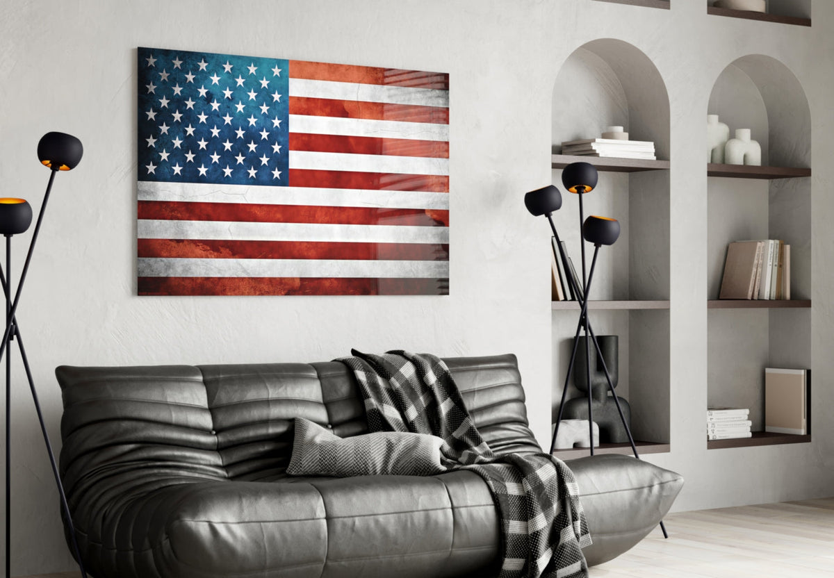 Vintage American Flag Watercolor Glass Wall Art