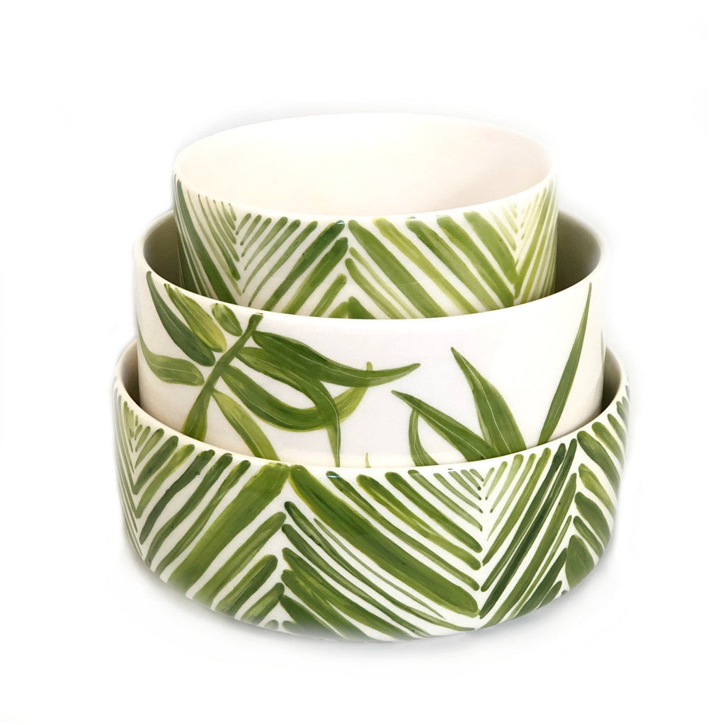 Green Palm Leaves Wide Serving Bowl Handpainted Ceramic, South Africa