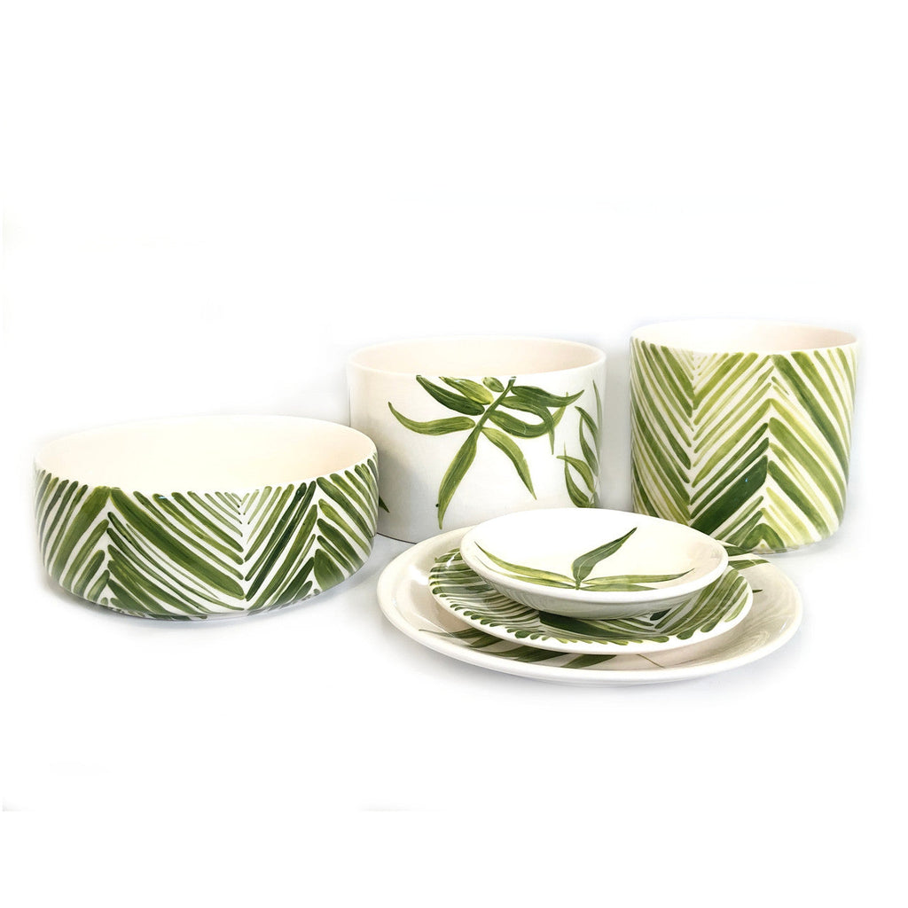 Green Palm Leaves Wide Serving Bowl Handpainted Ceramic, South Africa