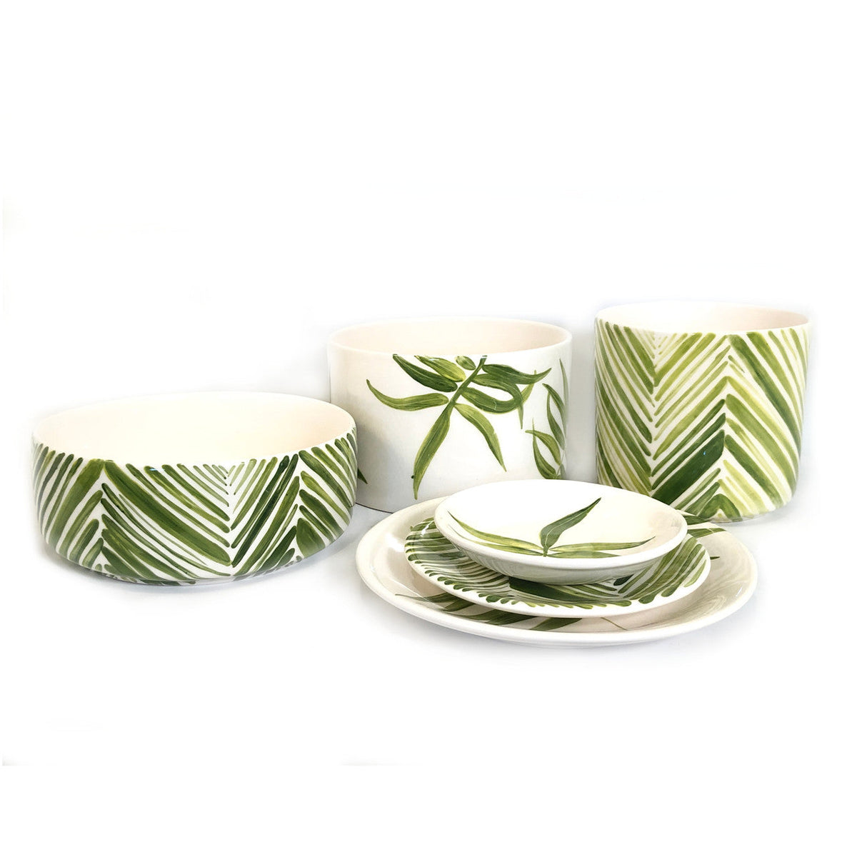 Green Floating Leaves Cylinder Bowl Handpainted Ceramic, South Africa