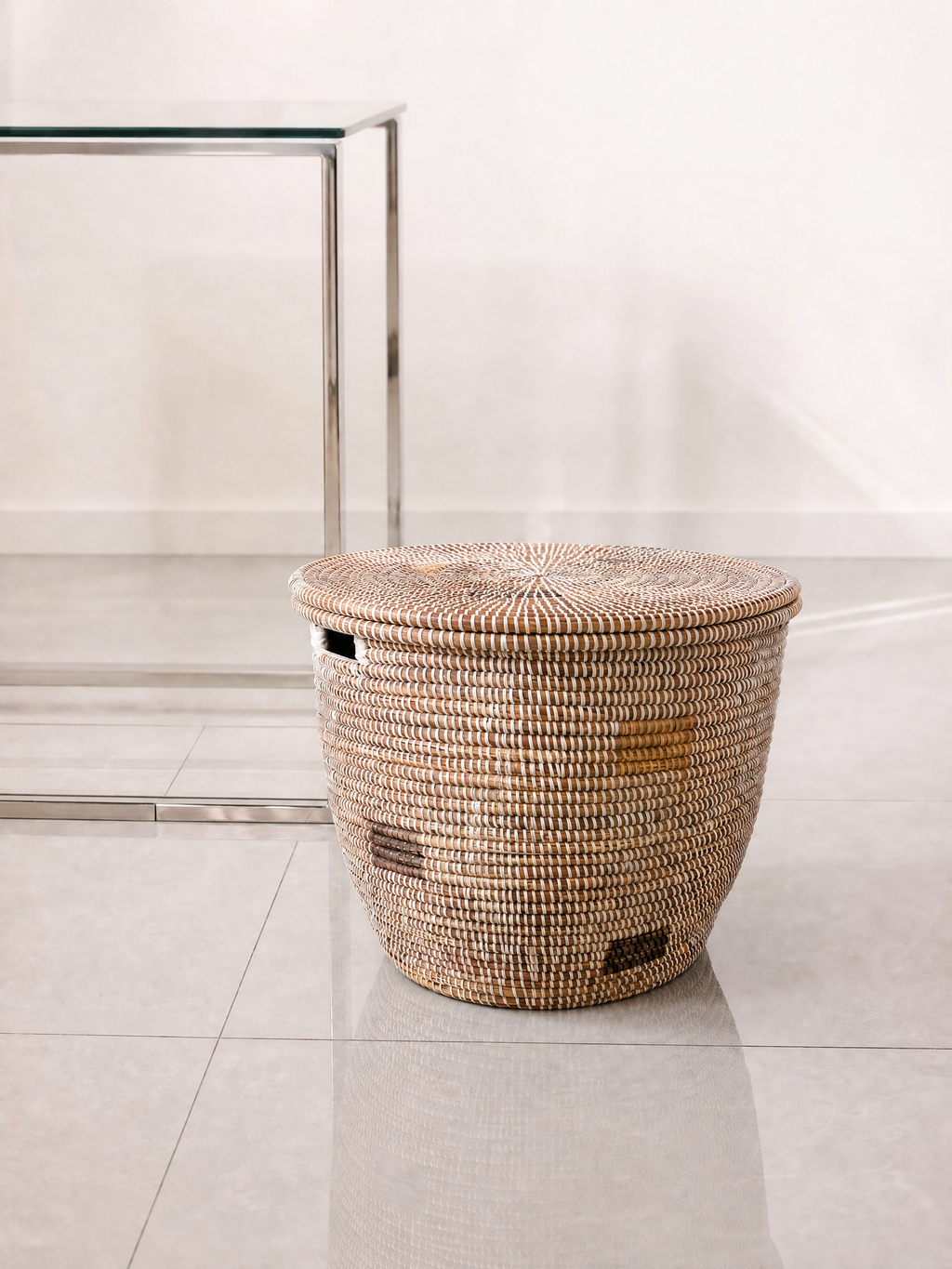 White Round Lidded Basket with Gray Squares Woven in Senegal