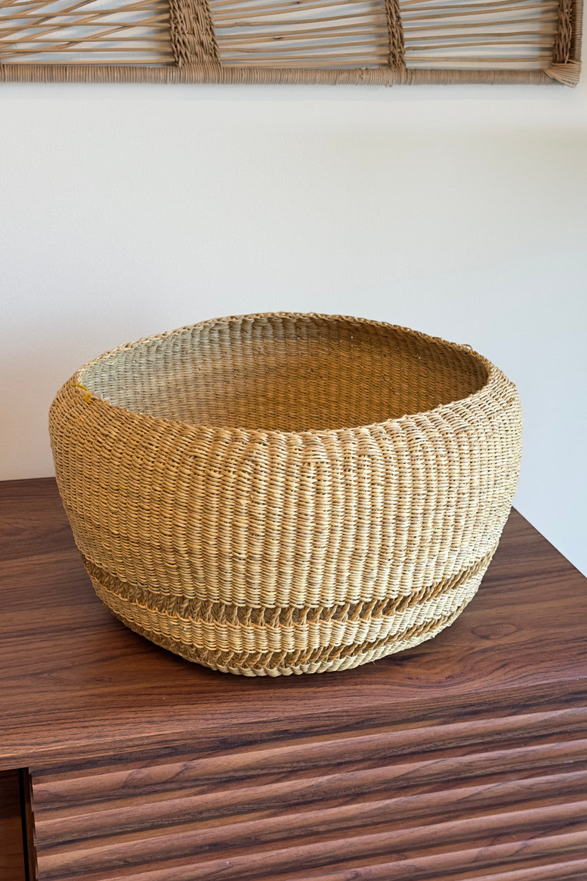 Round Mixed-Weave Planter Basket Woven in Ghana