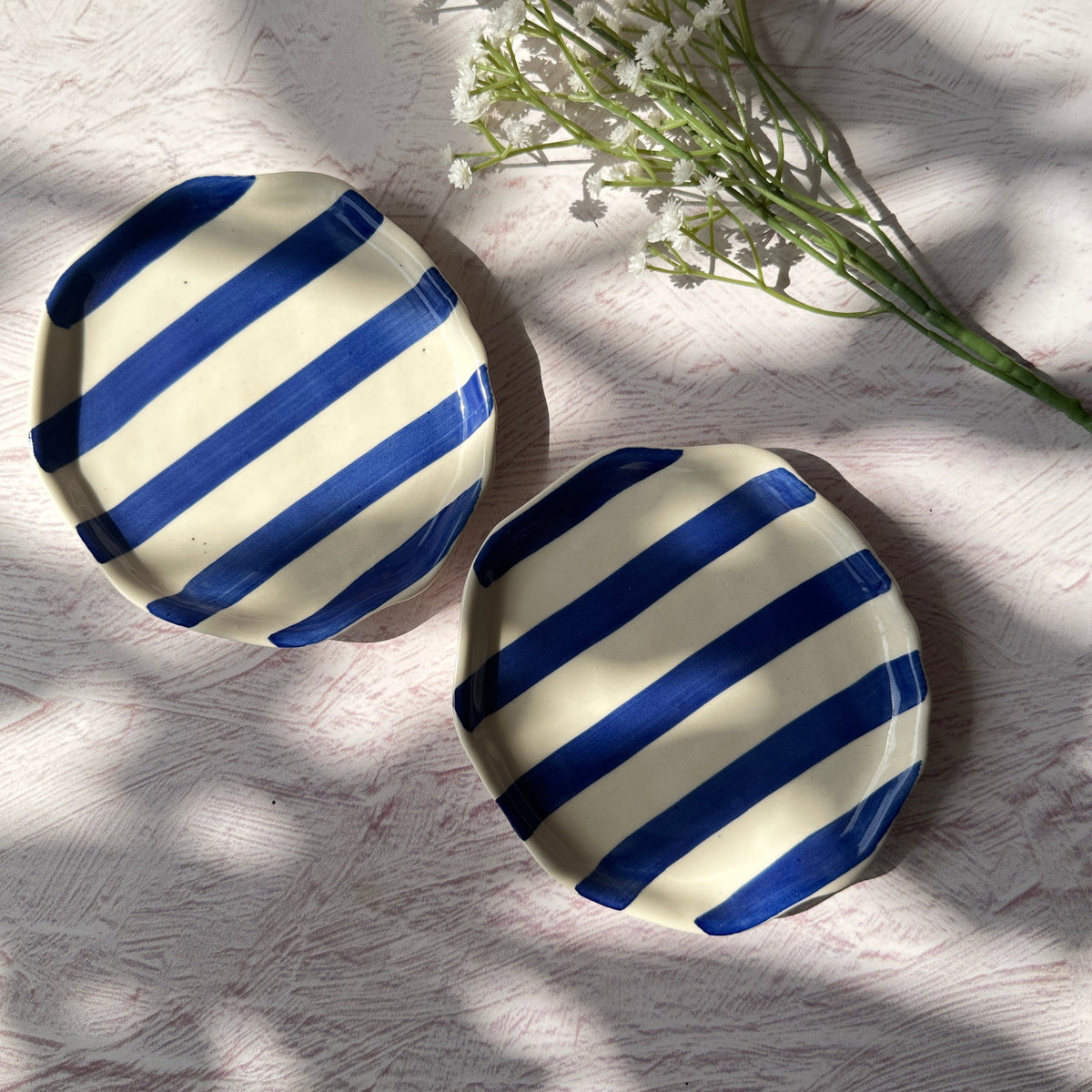 Blue Stripe Ceramic Plate  Handpainted in India, Set of 2
