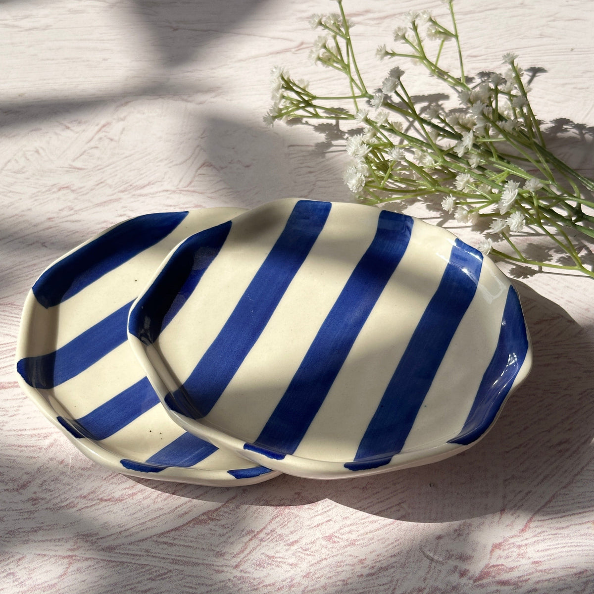 Blue Stripe Ceramic Plate  Handpainted in India, Set of 2