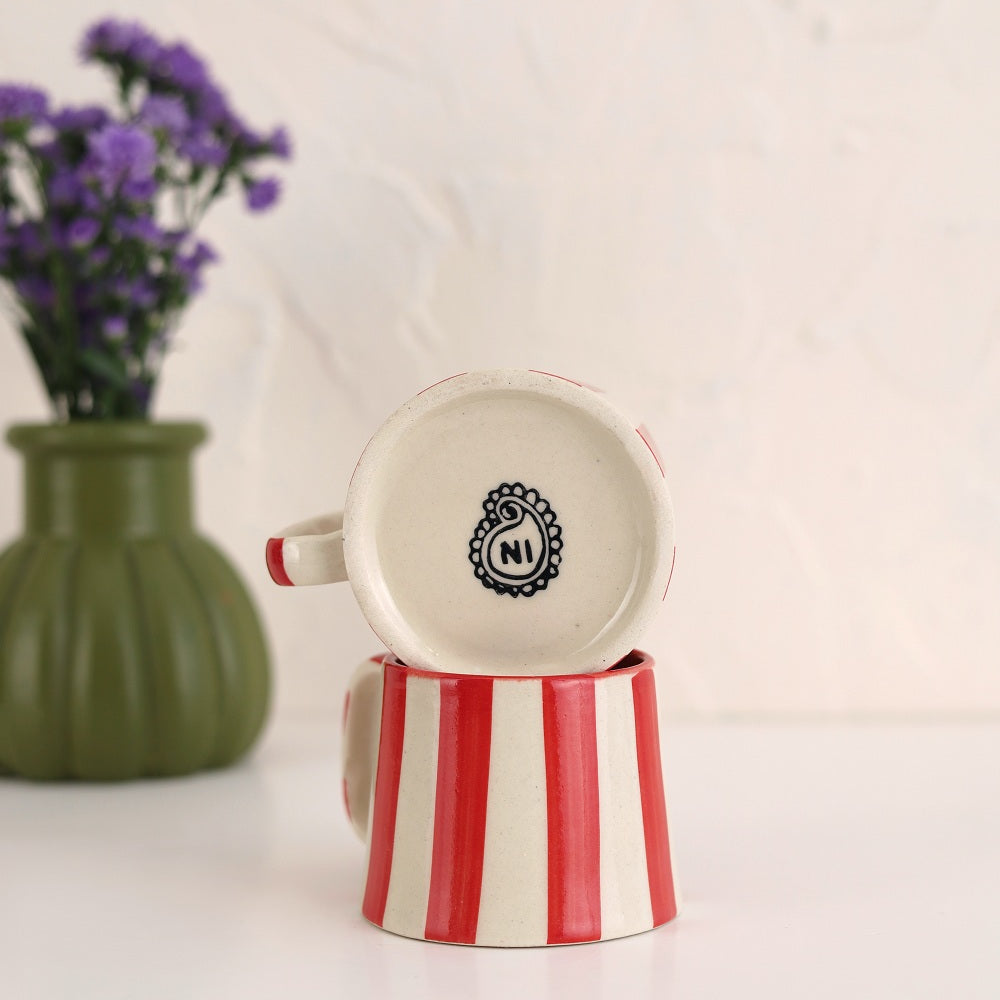 Red Stripe Stoneware Coffee Mug 7.5oz  Handpainted, Set of 2