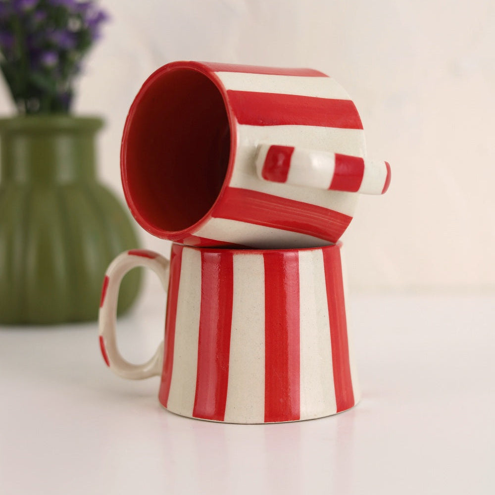 Red Stripe Stoneware Coffee Mug 7.5oz  Handpainted, Set of 2