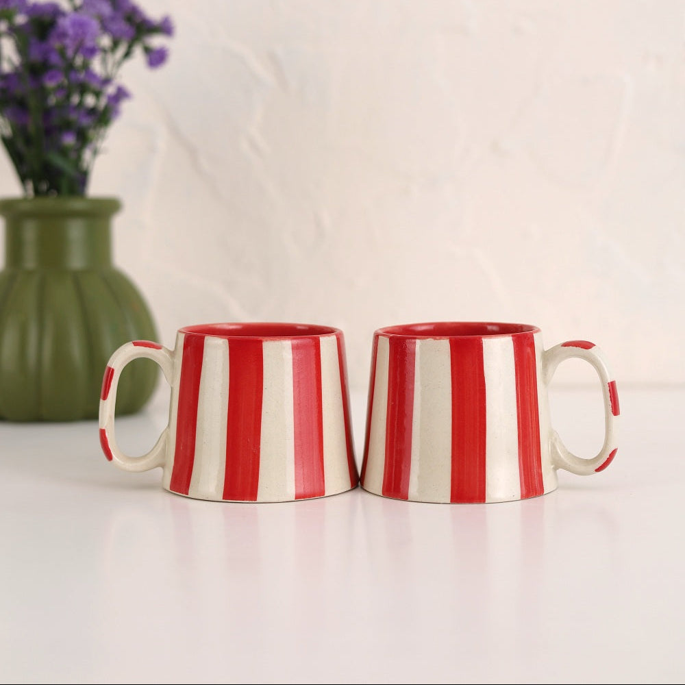 Red Stripe Stoneware Coffee Mug 7.5oz  Handpainted, Set of 2