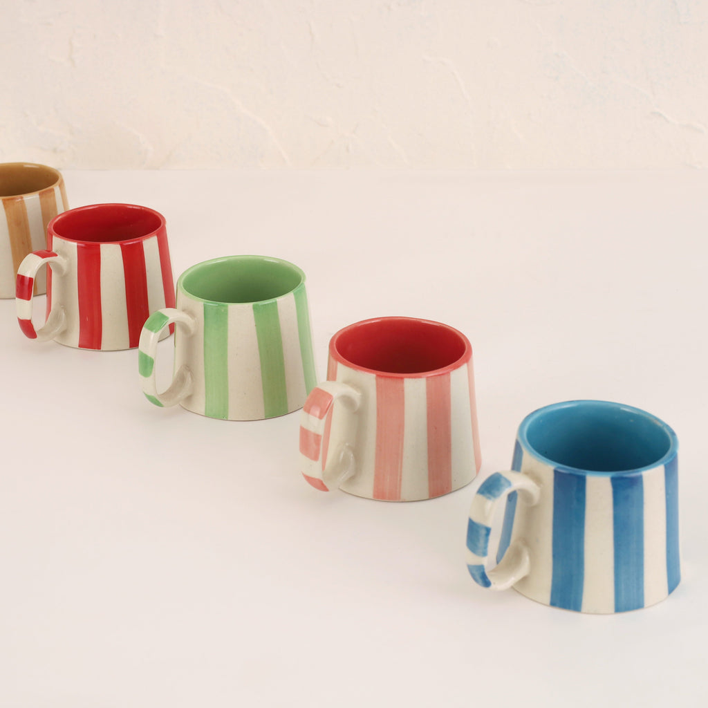 Red Stripe Stoneware Coffee Mug 7.5oz  Handpainted, Set of 2