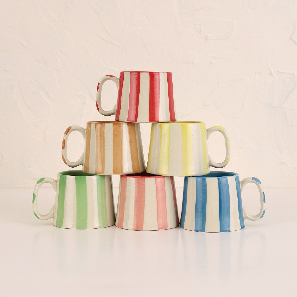 Red Stripe Stoneware Coffee Mug 7.5oz  Handpainted, Set of 2