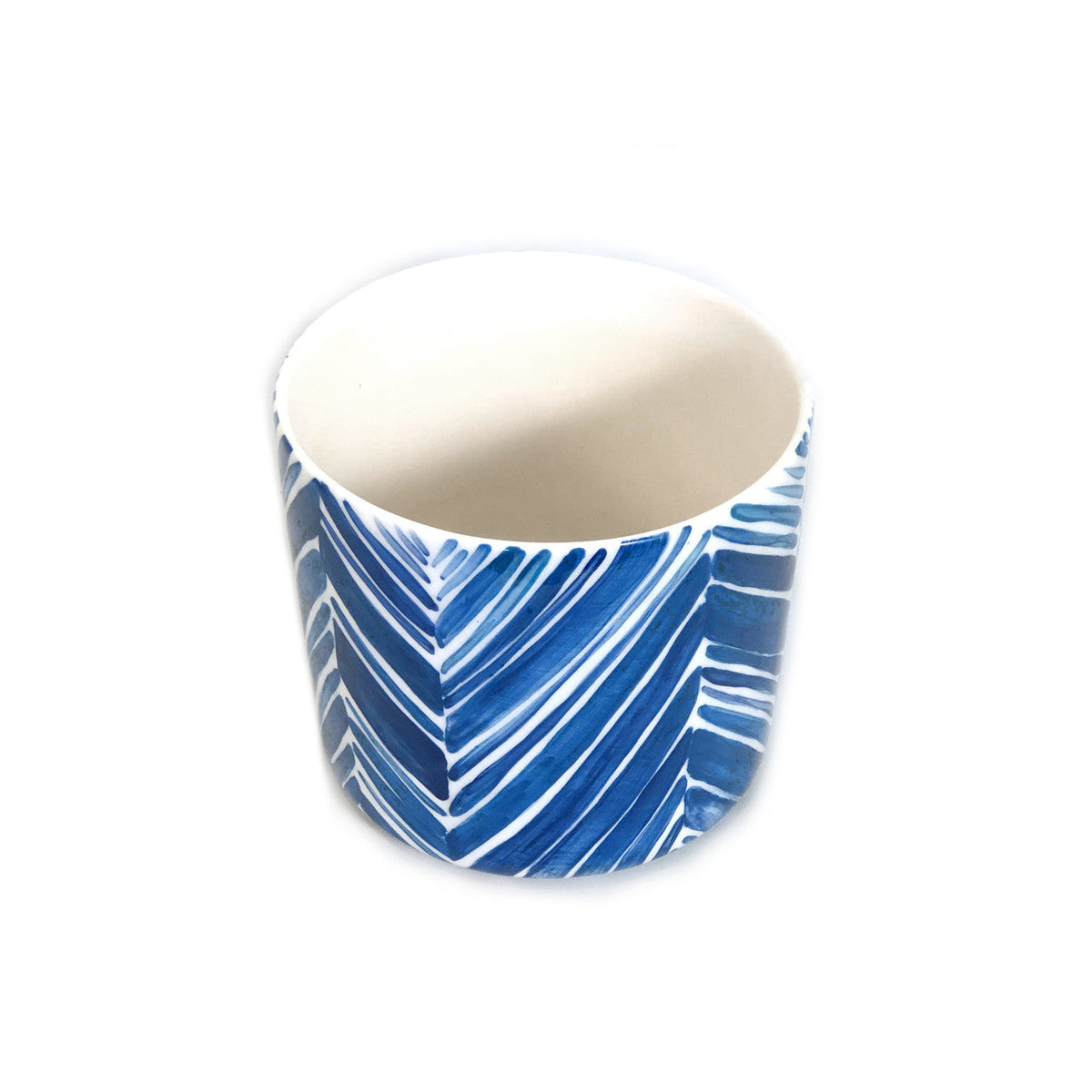 Blue Palm Leaves Tall Serving Bowl Handpainted Ceramic, South Africa