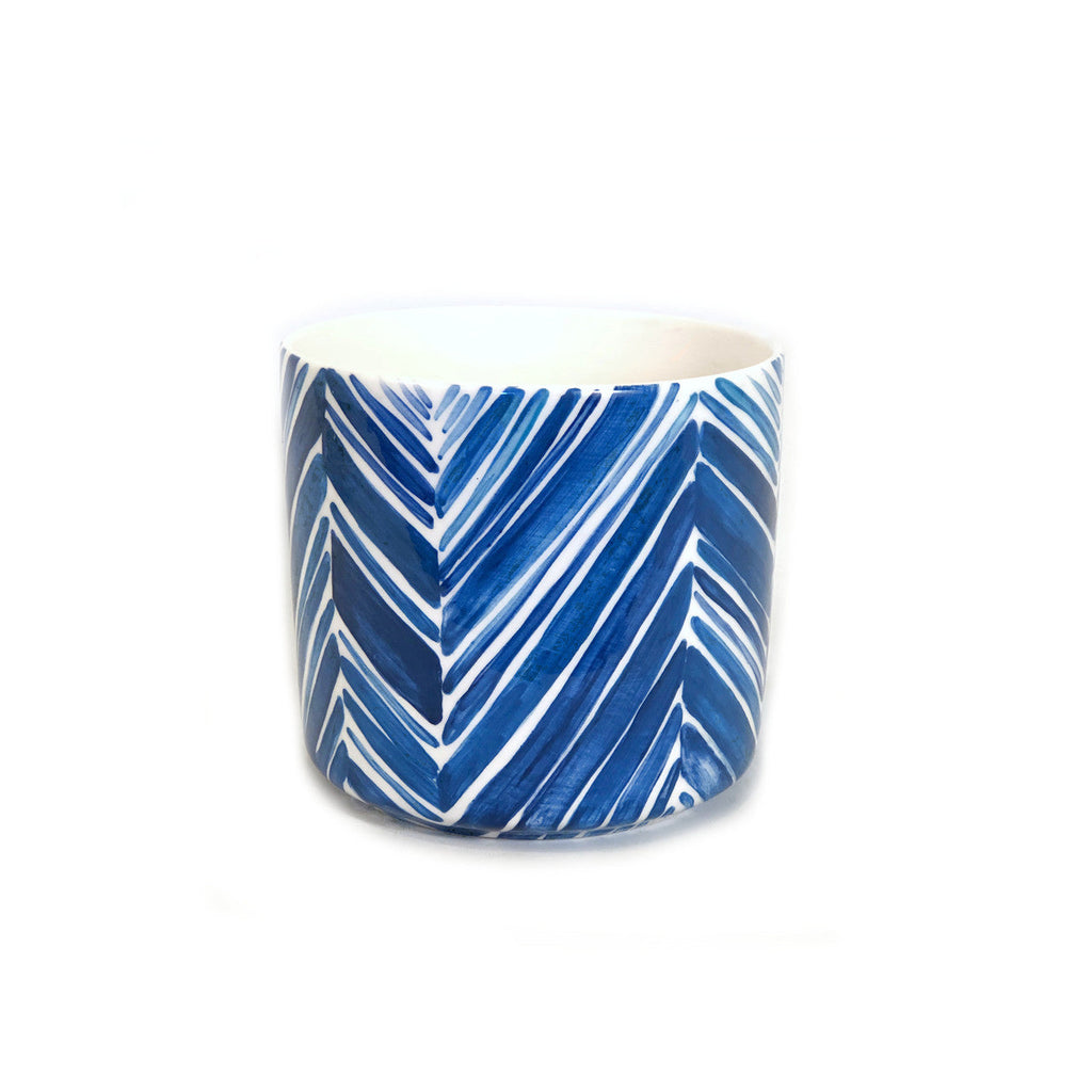 Blue Palm Leaves Tall Serving Bowl Handpainted Ceramic, South Africa