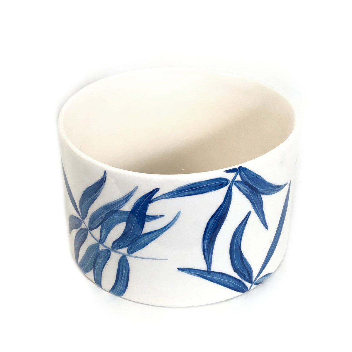 Blue Floating Leaves Cylinder Bowl Handpainted Ceramic, South Africa