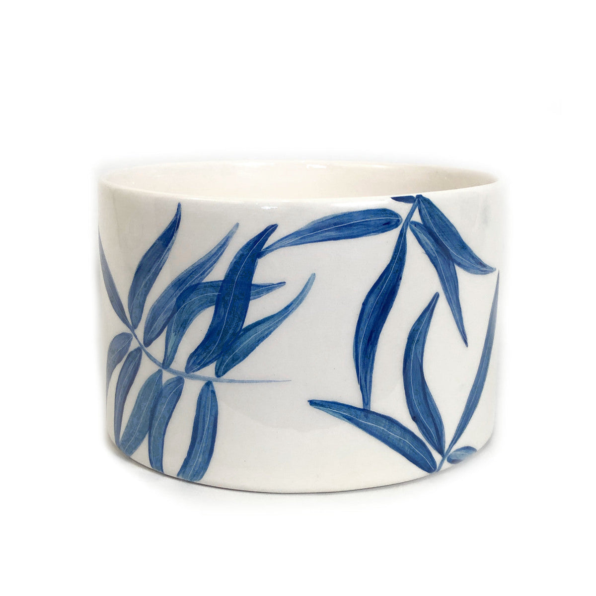 Blue Floating Leaves Cylinder Bowl Handpainted Ceramic, South Africa