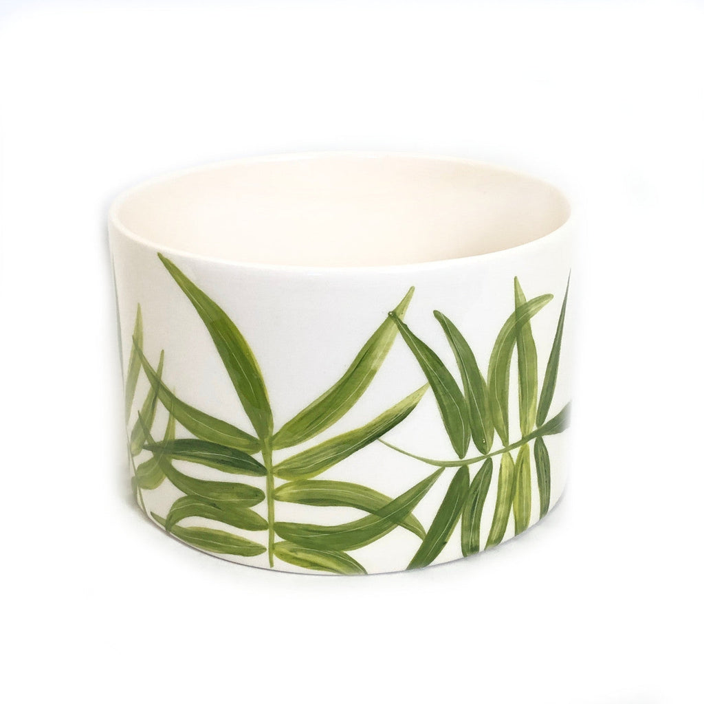 Green Floating Leaves Cylinder Bowl Handpainted Ceramic, South Africa