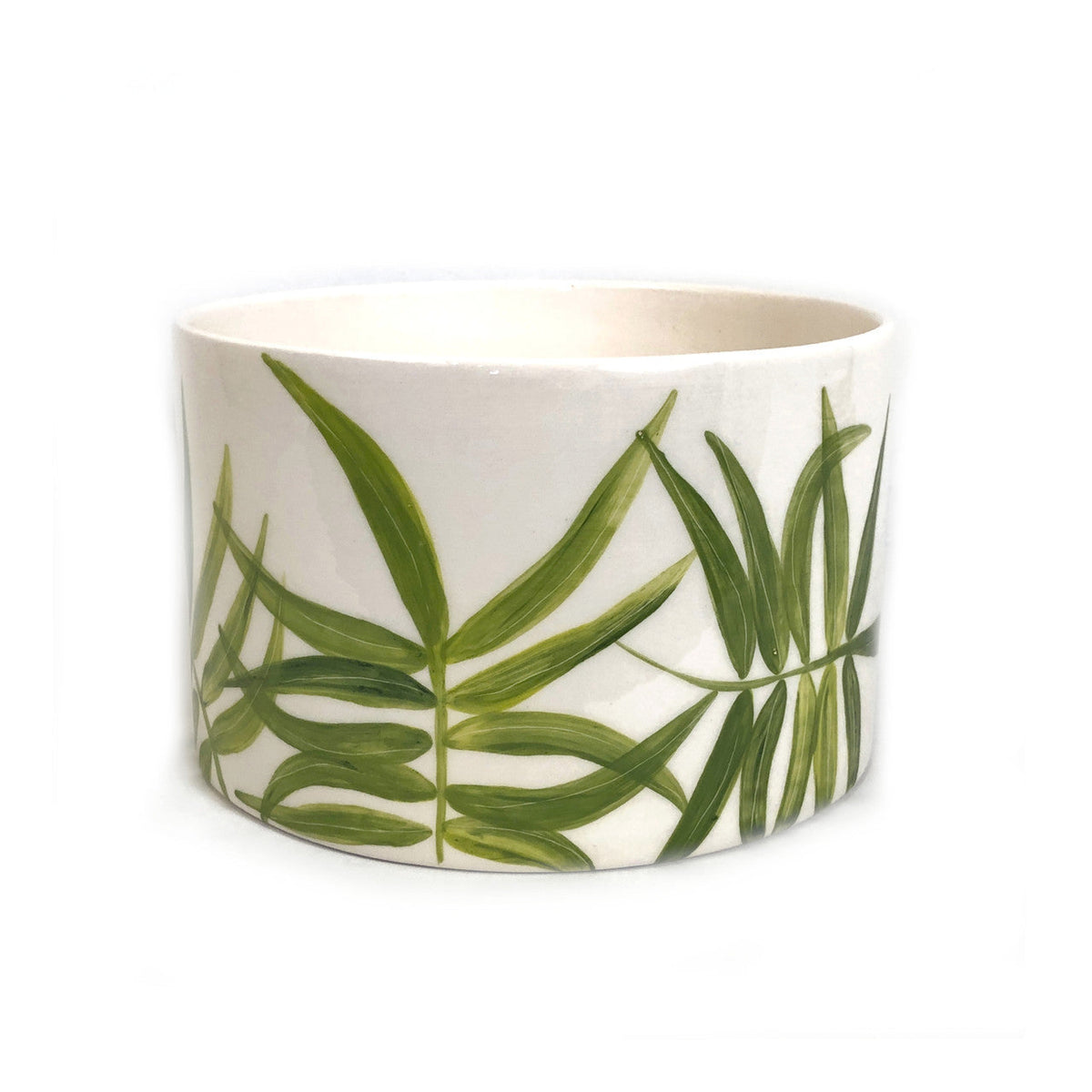 Green Floating Leaves Cylinder Bowl Handpainted Ceramic, South Africa