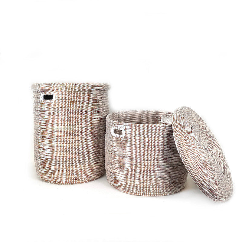 White Flat Lid Floor Basket Woven in Senegal