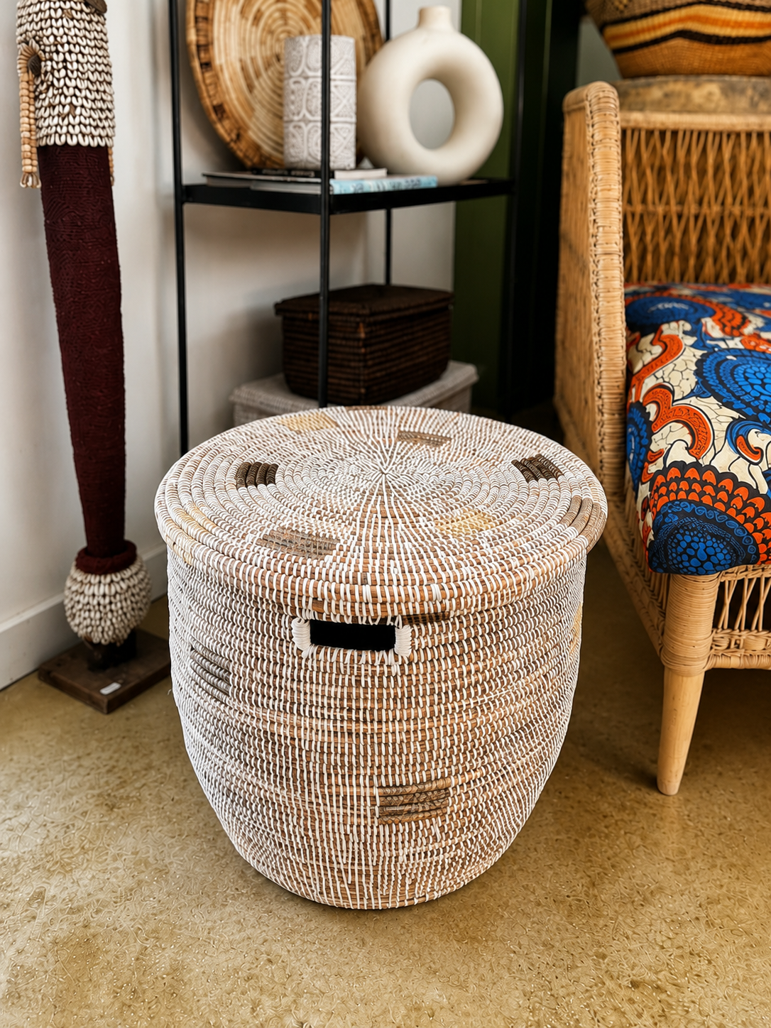 White Round Lidded Basket with Gray Squares Woven in Senegal