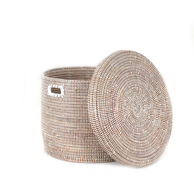 White Flat Lid Floor Basket Woven in Senegal