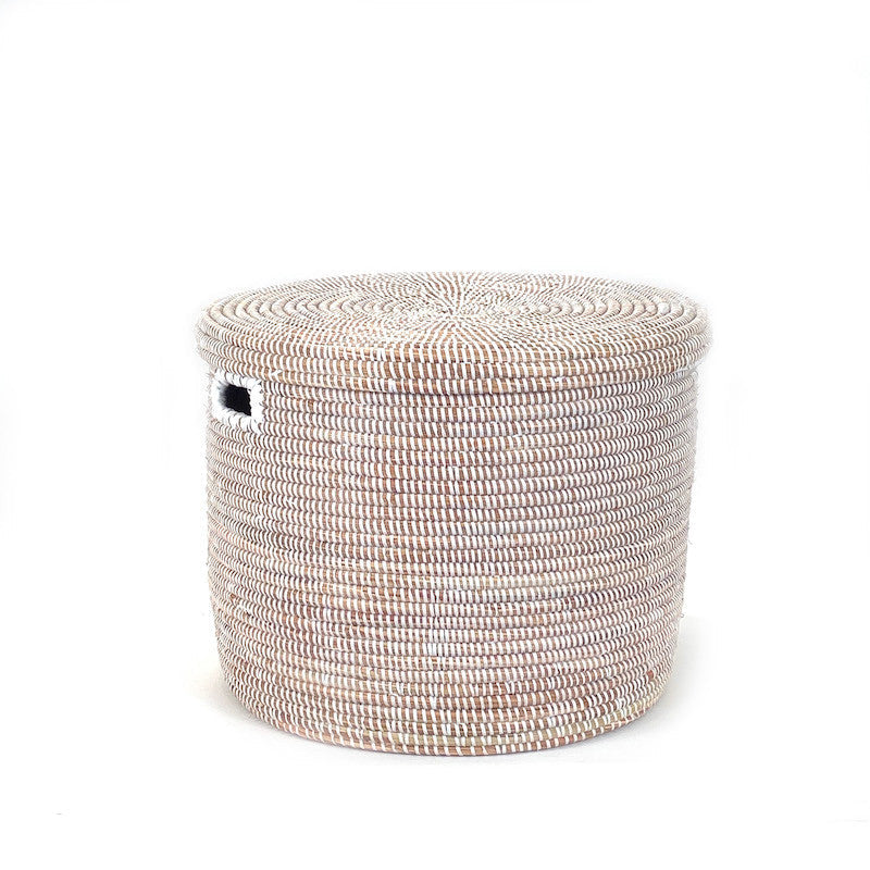 White Flat Lid Floor Basket Woven in Senegal