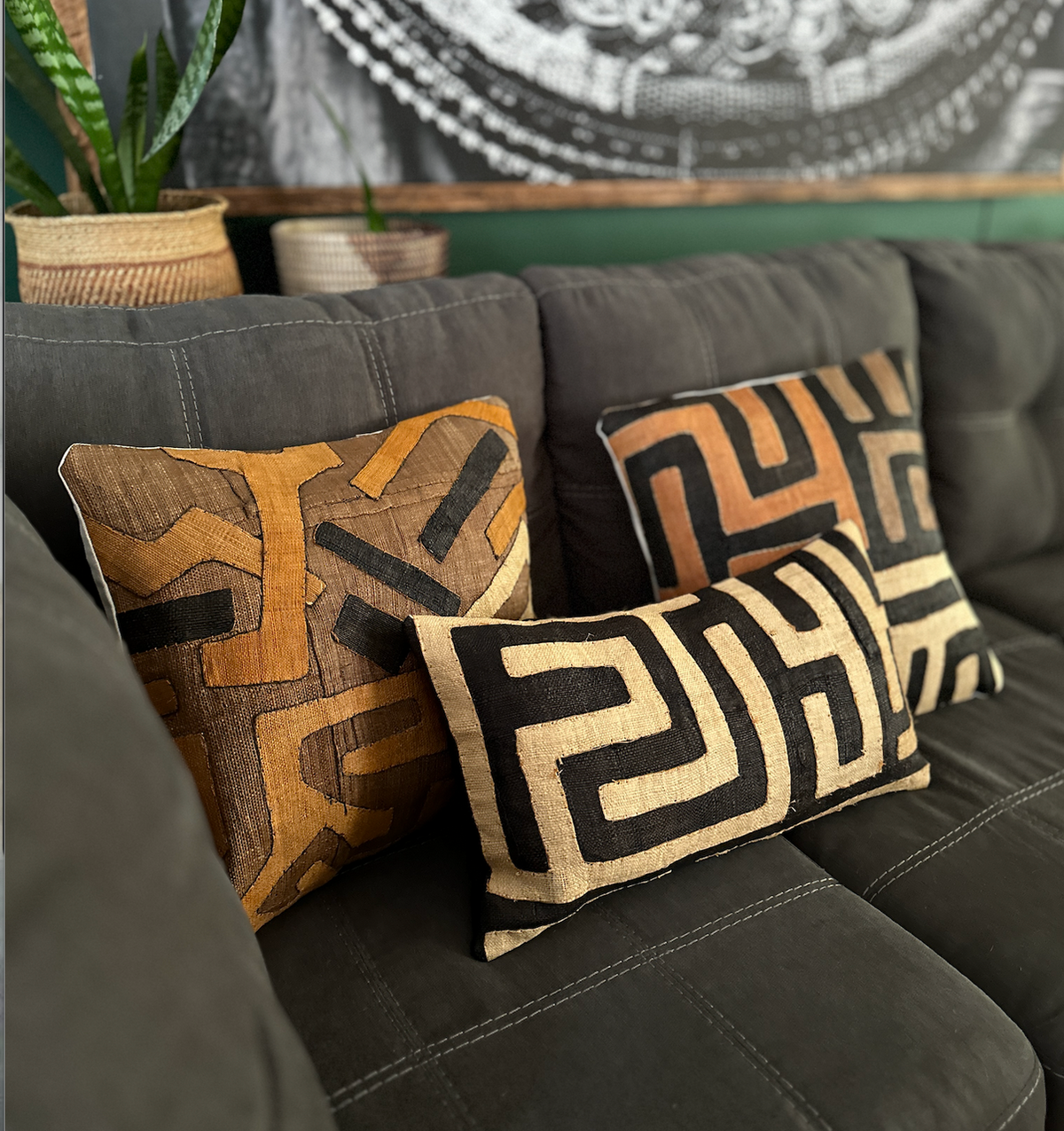 Kuba Cloth Rectangular Pillow Cover Raffia Weave, DR Congo