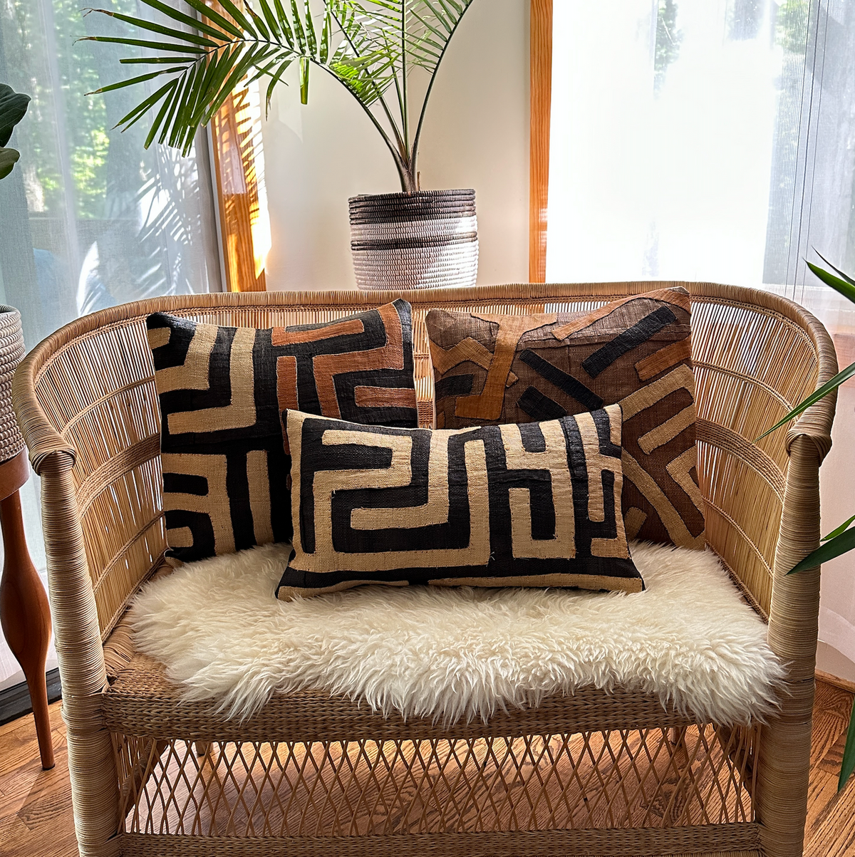 Kuba Cloth Rectangular Pillow Cover Raffia Weave, DR Congo