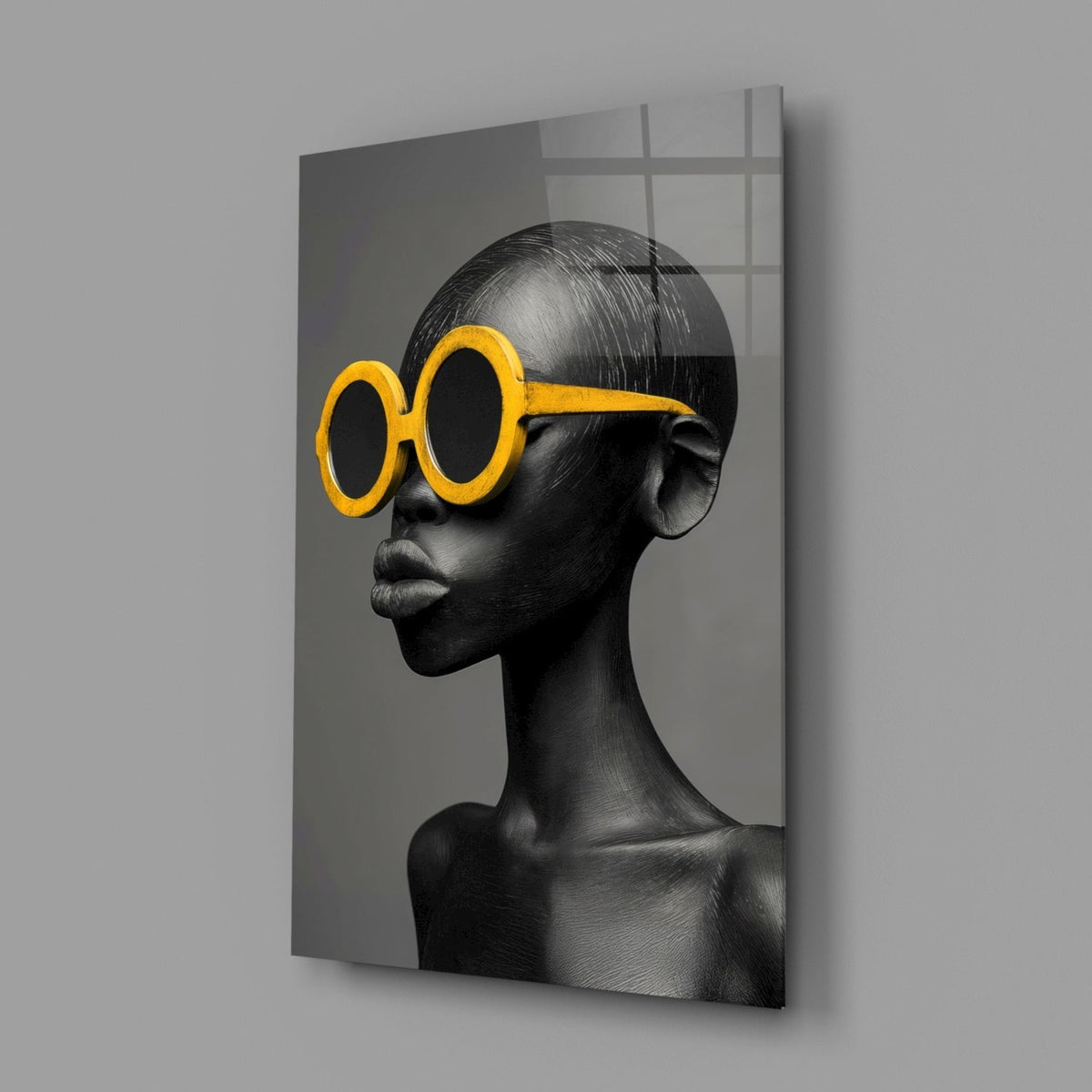 Yellow Sunglasses Portrait Glass Wall Art