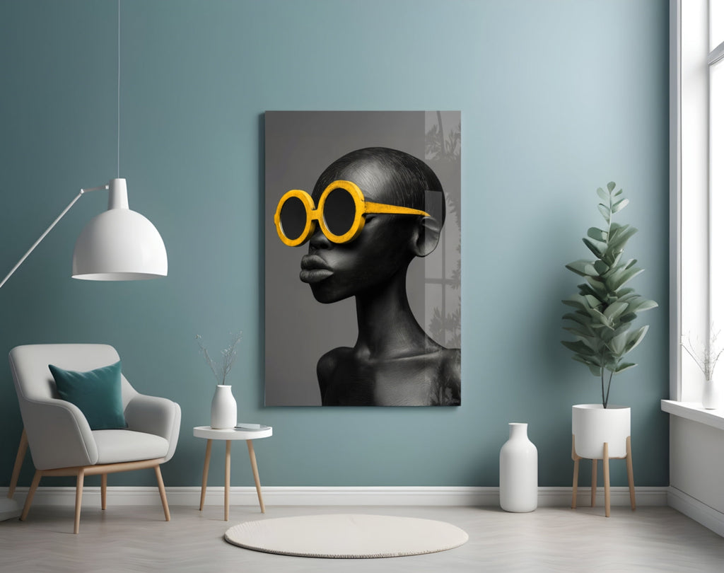 Yellow Sunglasses Portrait Glass Wall Art